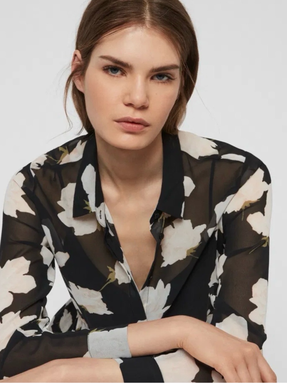AllSaints Black Floral High-Low Shirt Dress with White Print - Picture 2 of 9